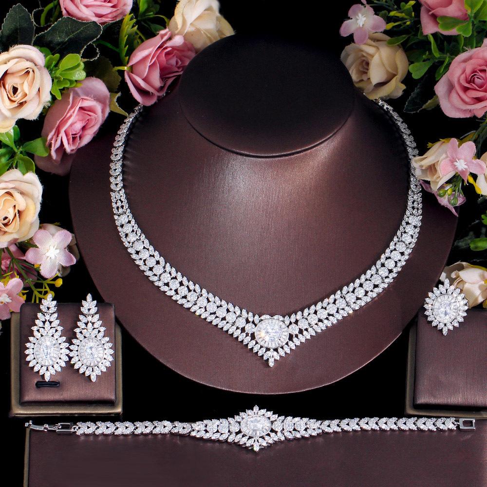 Light Luxury Zircon Full Diamond Necklace Four-Piece Banquet Wedding Bridal Accessories Set Chain Jewelry