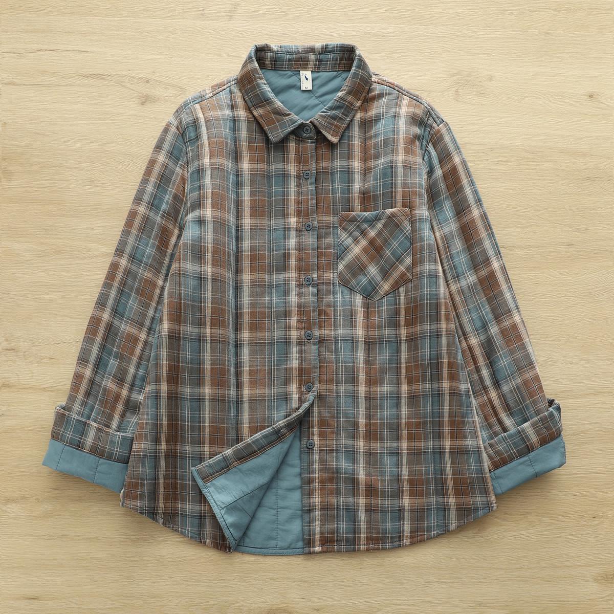 

Women s Stylish Long-Sleeve Quilted Plaid Shirt - Warm, Padded Base Layer for Autumn/Winter Large