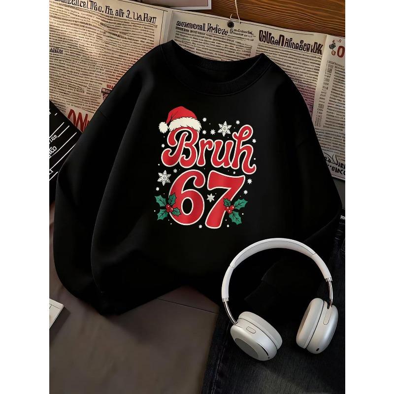 European Sizes Kids' Crew Neck Sweatshirt | Christmas Theme with Trendy Letter and Number Snowflake Pattern, with Slight Stretch Fabric