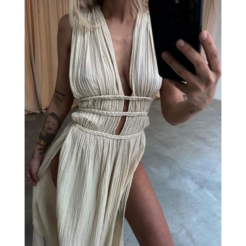 Dámská směs lnu v bohémském stylu s copem bez rukávů Dlouhé šaty s dutým rozparkem