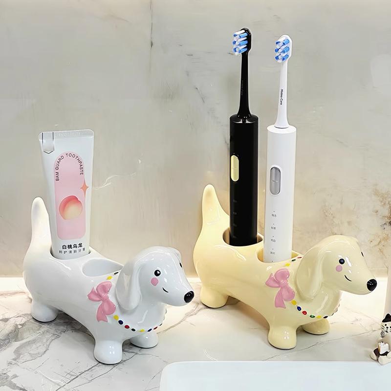 Creative Dachshund Toothbrush Rack Bow Washboard Electric Toothbrush Rack Ceramic Toothbrush Storage Rack Bathroom Decoration