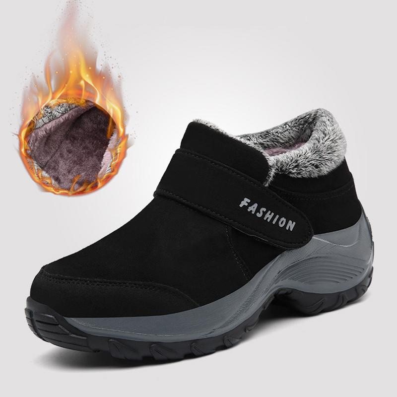 Suede Leather Women Ankle Boots Winter Plush Lined Outdoor Walking Shoes Female Hook Loop Hiking Shoes Class Solid Cotton Boots