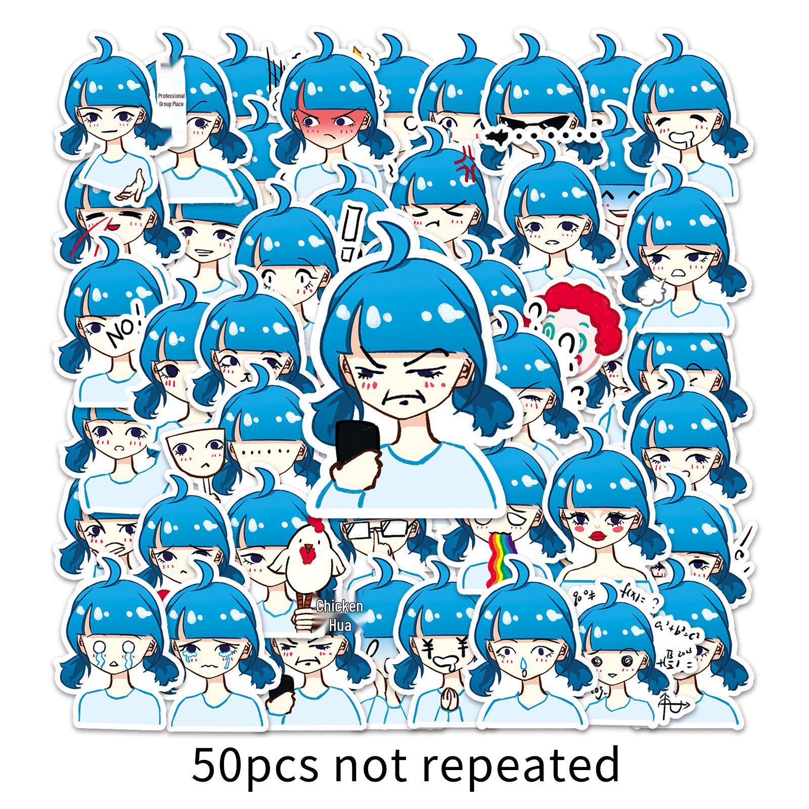 50 Cross-border Blue Girl Emoji Waterproof Stickers for Computers, Journals, and Luggage