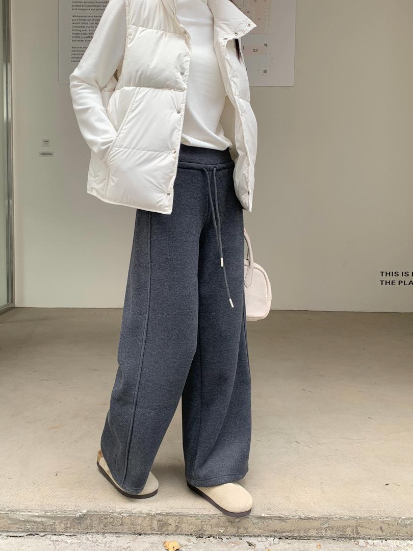 GAGD Women s High Waist Fleece-Lined White Wide Leg Slim Fit Casual Pants Small серый