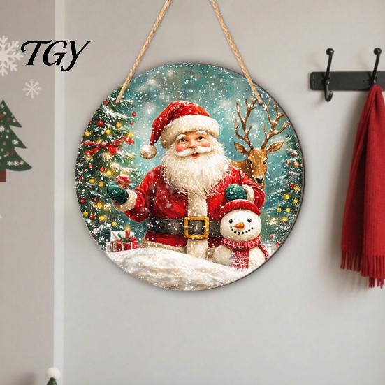 Cute Elk Holiday Ornaments 2D Christmas Wooden Door Hanger Ornaments, Santa Snowman Reindeer Welcome Wall Home Entrance Accents Sign, Rustic Farmhouse
