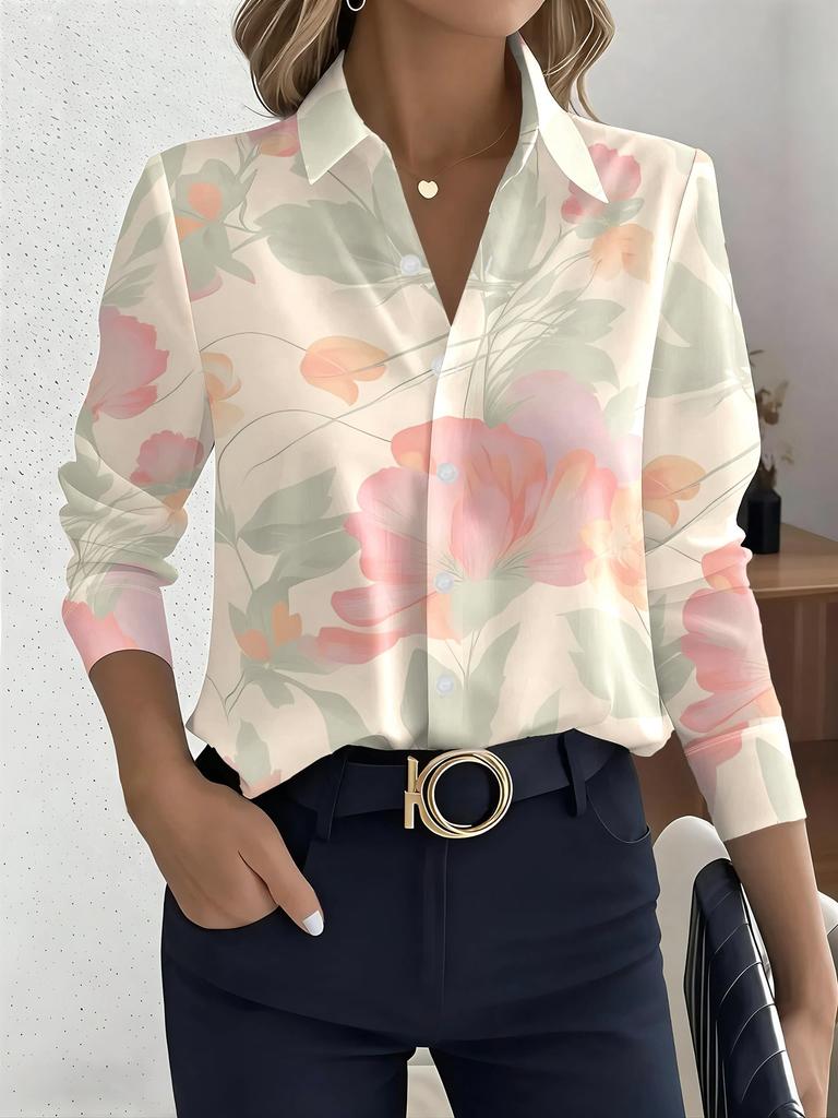 2026 New Women's Long-sleeved Shirt, Fresh and Elegant Flower-printed Slim-fitting Top