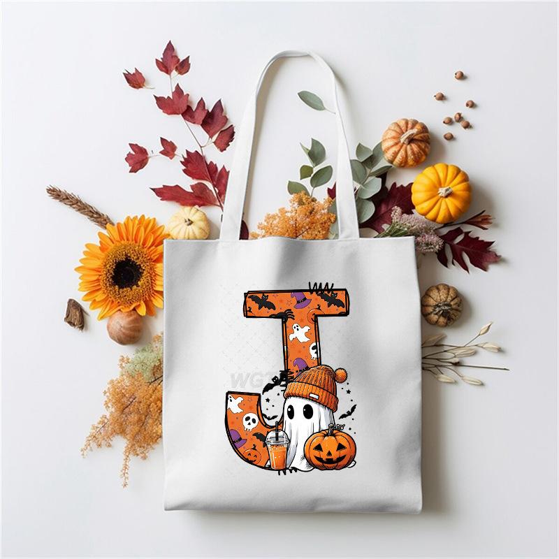 Halloween 26 Letter Cartoon Print Peripheral Student Tote Bag Large Capacity Canvas Bag