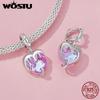 WOSTU 925 Silver Pink Girl Butterfly Charm Car Bead Rainbow Heart Pendant Fit Necklace Bracelet DIY Birthday Jewelry Making