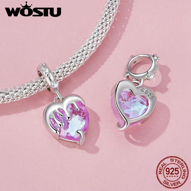 WOSTU 925 Silver Pink Girl Butterfly Charm Car Bead Rainbow Heart Pendant Fit Necklace Bracelet DIY Birthday Jewelry Making