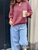 Women's Color Block Horizontal Stripe Knitwear - Casual Loose Batwing Mid-Sleeve Short Pullover Sweater