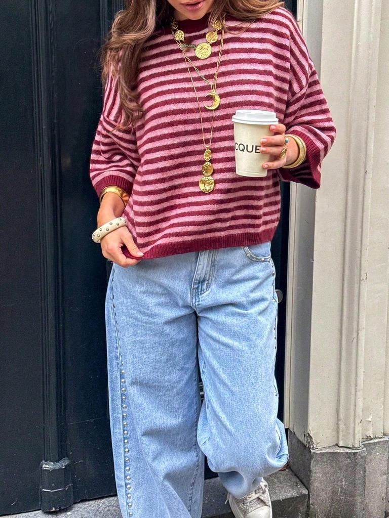 Women's Color Block Horizontal Stripe Knitwear - Casual Loose Batwing Mid-Sleeve Short Pullover Sweater