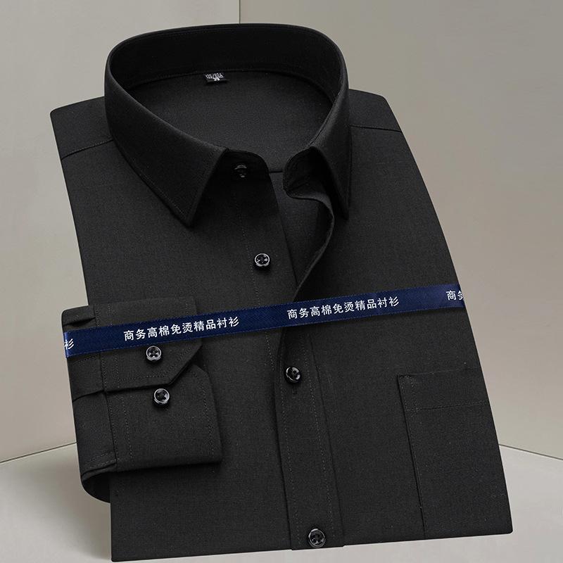 Men Formal Shirt Long Sleeve Office Solid Color Striped Anti-Wrinkle Fashion Business Pocket White Social Pocket Blue Shirt