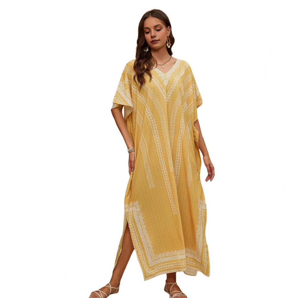 Bikini Cover Up Dress V-Neck Short Sleeve Loose Fit Robe Beach Sun Top Ethnic Style Pattern Side Slit Long Beach Dress