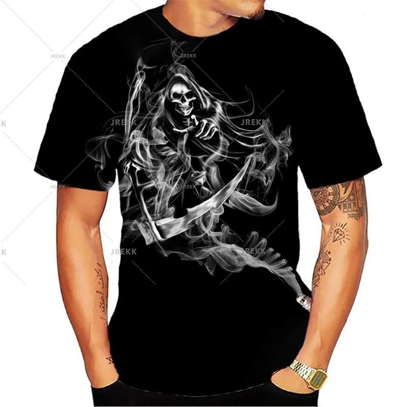 Summer Mens 3D Grim Reaper Skull Graphic Printed Design Funny T Shirts for Men Oversized T-shirt Space Travel Short Sleeve Tee