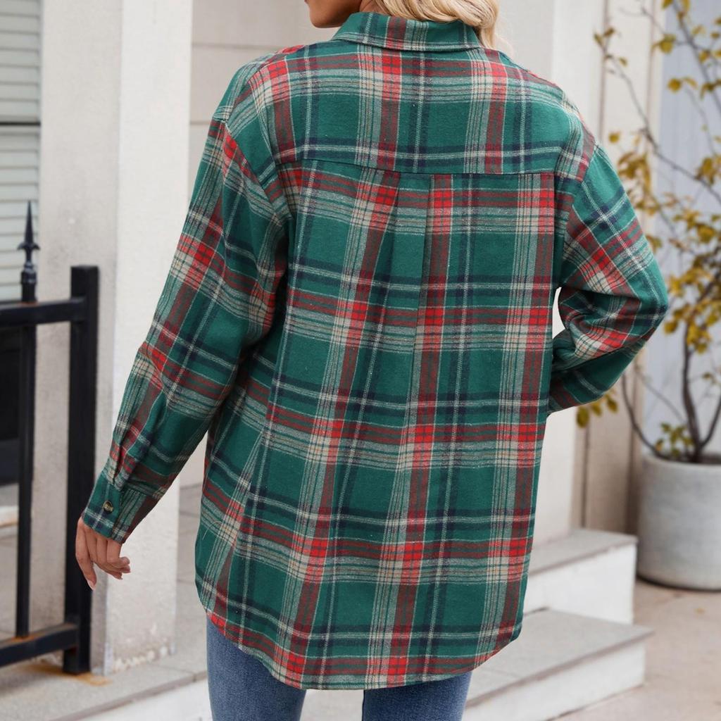 Chaqueta estilo camisa de cuadros anchos con bolsillos y botones sueltos y mangas largas para mujer