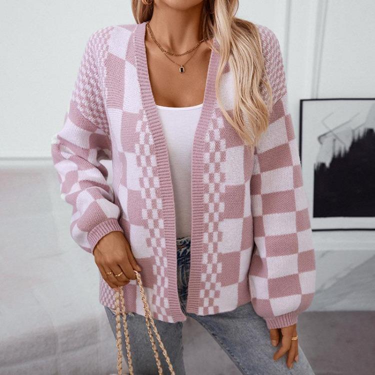 Loose Knitwear Cardigan Long Sleeve Vintage Print Top Sweater for Autumn Winter V Neck