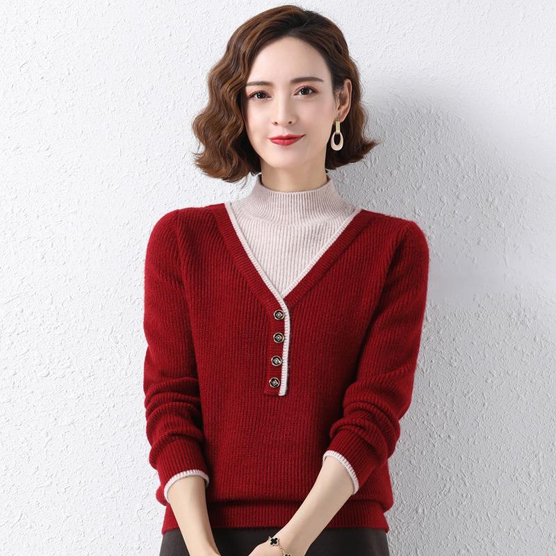 Suéter de cuello medio para mujer, holgado, versátil, estilo occidental, imitación de dos piezas, camiseta de punto básica, otoño e invierno