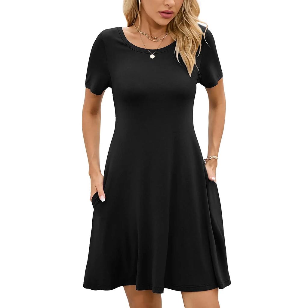 Dámské módní jarní a letní šaty s kulatým výstřihem, jednobarevné, s krátkým rukávem, áčkového střihu