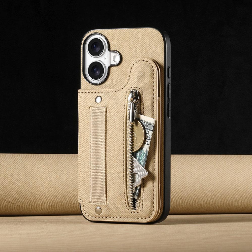 Zipper Cards Solt Wallet Leather Case for iPhone 16 15 13 Pro Max 14 Plus 16Pro 15Pro Elastic Rope Wrist Leather Cover