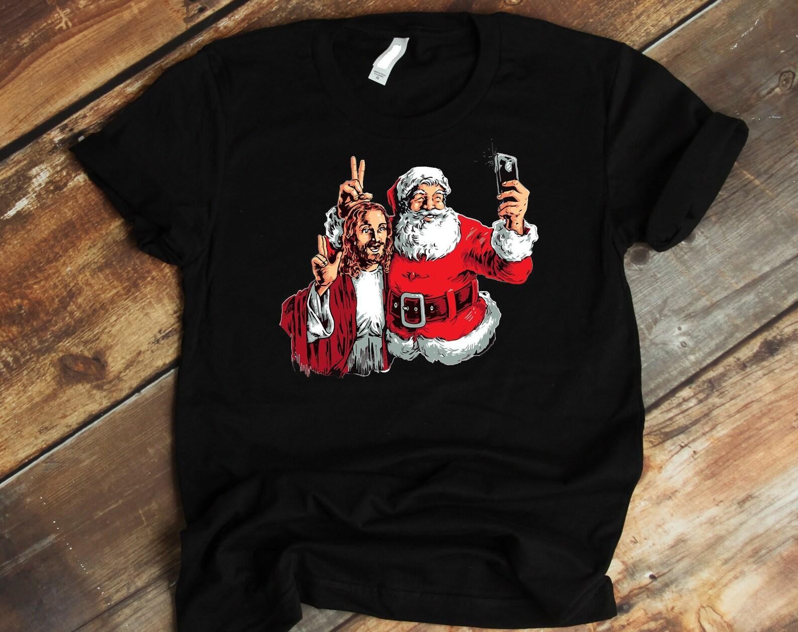 Christmas Tee Shirt, Jesus And Santa Making Selfie, Jesus Christ and Santa Selfie Shirt, Funny Christmas Party Shirt, Christmas Family Gift M