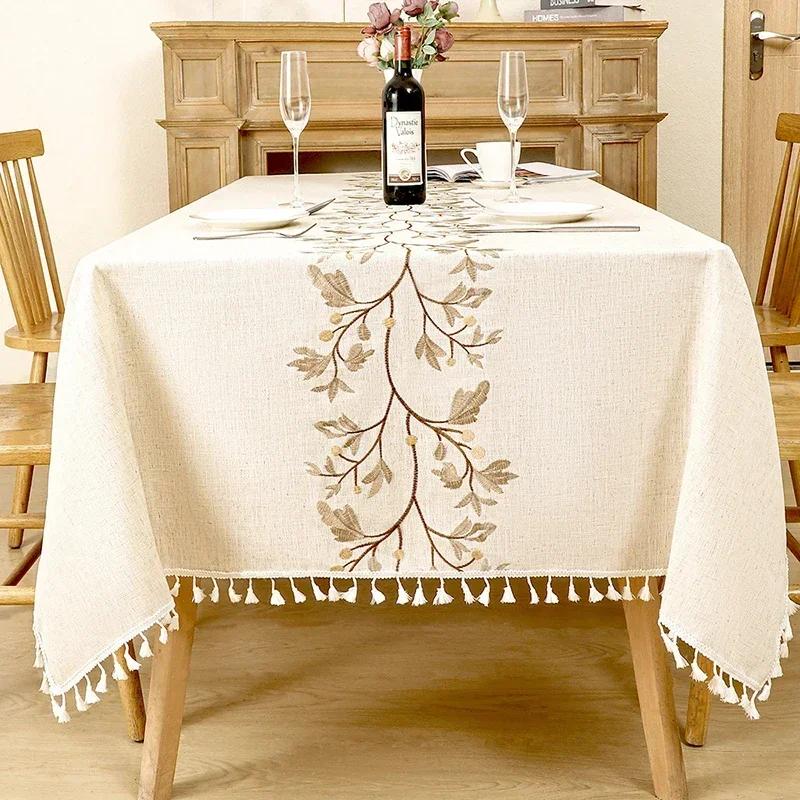 Embroidered Tablecloth Cotton Linen Waterproof Rectangle Table Cover Vintage Leaf Pattern for Kitchen Dining Living Room Decor