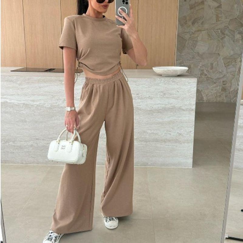 Spring and Summer New Western Style Solid Round Neck Short Short Sleeve T-shirt Loose Wide Leg Trousers Two-piece Suit Casual Women