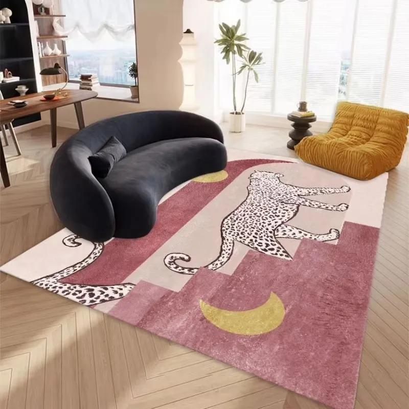 Light Luxury Pink Leopard Print Living Room Large Carpet Soft Pink Background with Abstract Pattern Anti-slip Rug for Home Decor