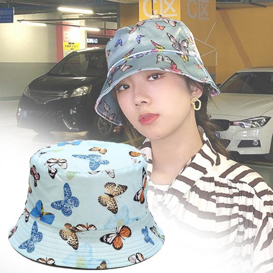 Butterfly Print Fisherman Hat Summer Cotton Double-sided Outdoor Bucket Sun Cap