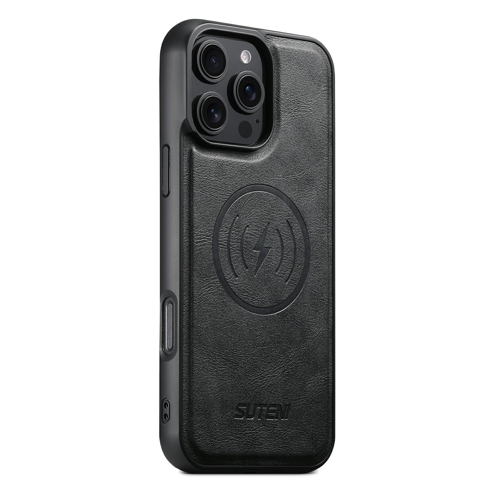 

SUTENI G5 For iPhone 16 Pro Max Case Compatible with MagSafe Cowhide Texture Leather Back Cover Black