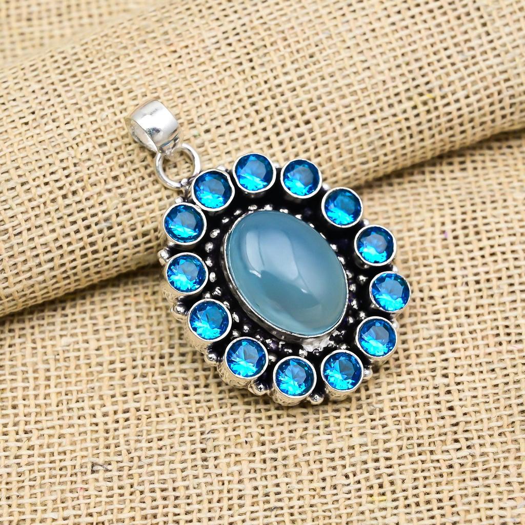 Aqua Chalcedony, Blue Topaz Gemstone 925 Sterling Silver Handmade Jewelry Unique Pendant