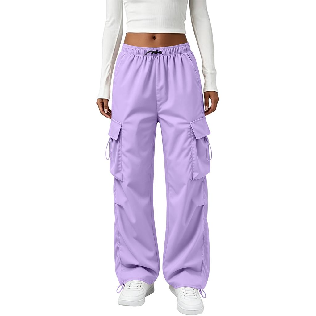 Women's Vintage Straight Leg Cargo Pants Elastic Waistband Drawstring Adjustable Hem Utility Workwear Trousers