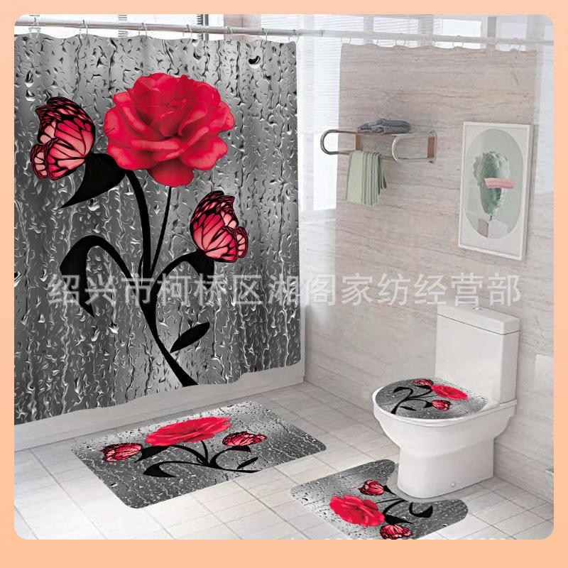3D Cyfrowy Nadruk Róża Zasłona Prysznicowa Łazienkowa, Zestaw Trzyczęściowy Czteroczęściowy