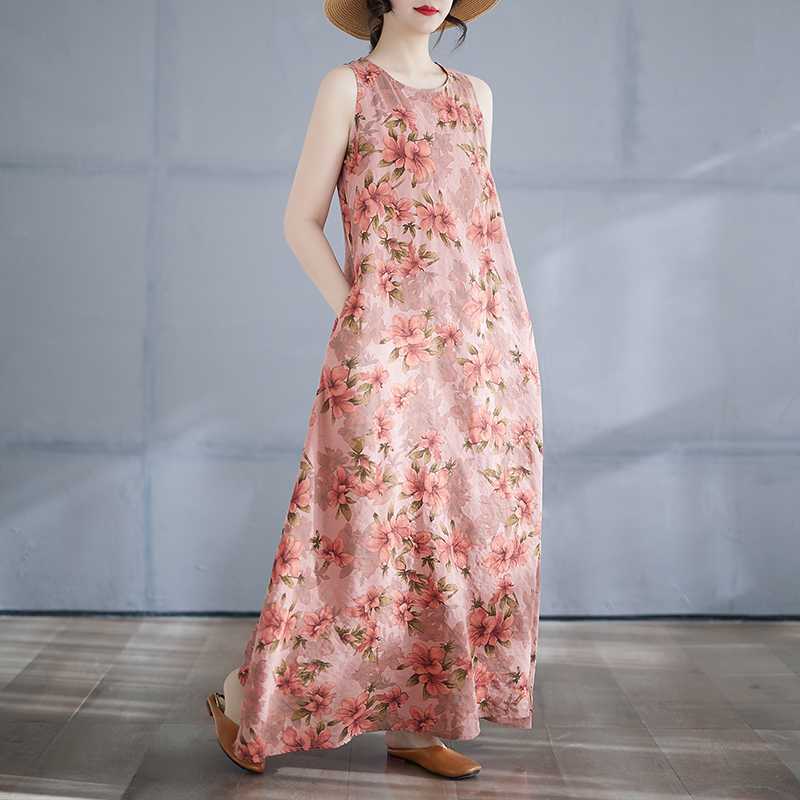 Women's Long Skirt Summer New Round Neck Printed Dress