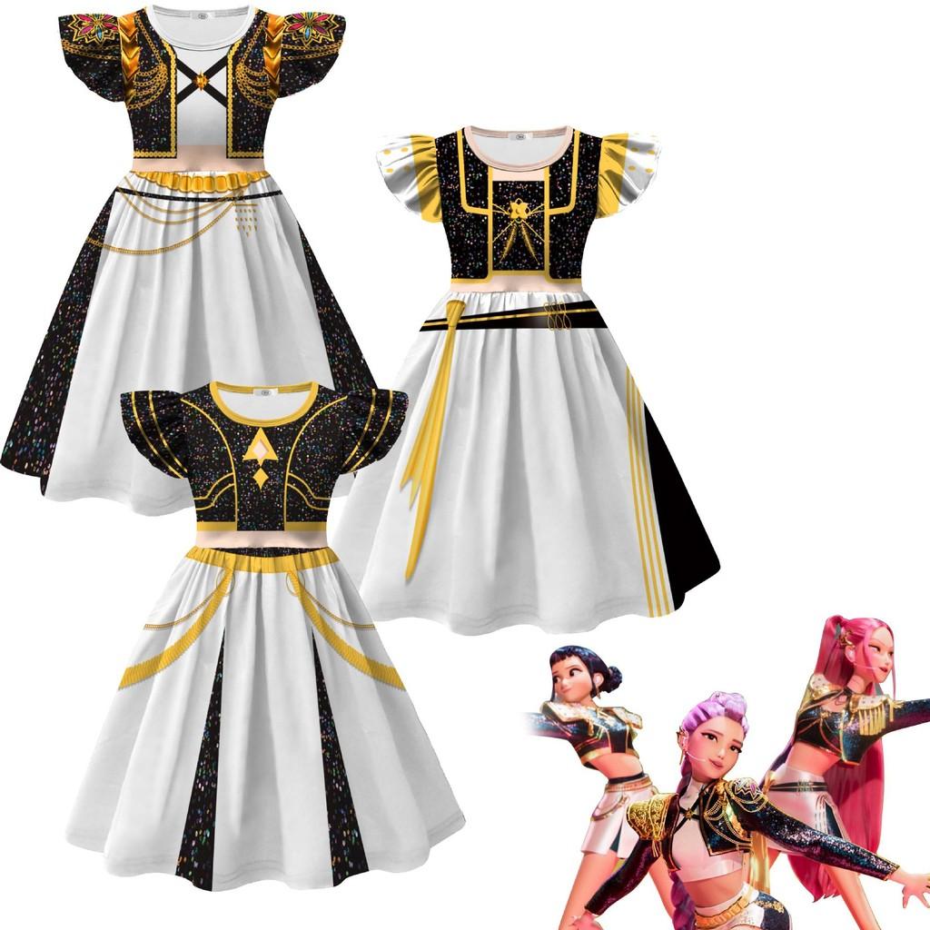 Kids Children Girls Anime Movie POP Singer Super Star Printed Pleat Ruffle Sleeves Party Dress Halloween Cosplay Costumes