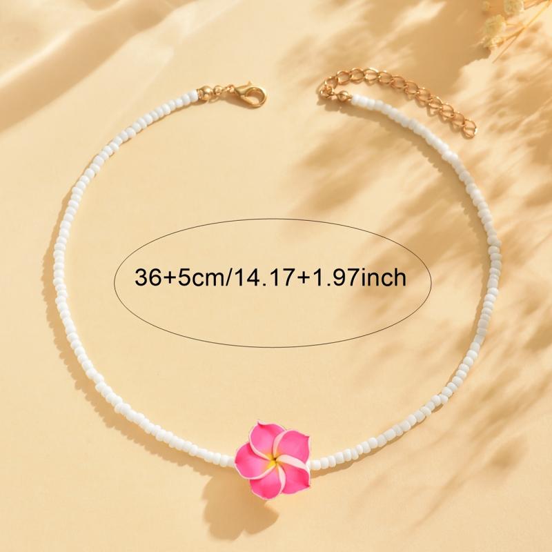 1pc Beaded Necklace for Women White Beads with Pink Floral Accent, Perfect for Daily Wear & Beach Vacations, Vacation Jewelry
