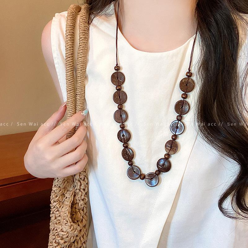 Этнический стиль ретро деревянное ожерелье с бусинами женское уникальное нишевое темпераментное длинное колье на ключицу богемное