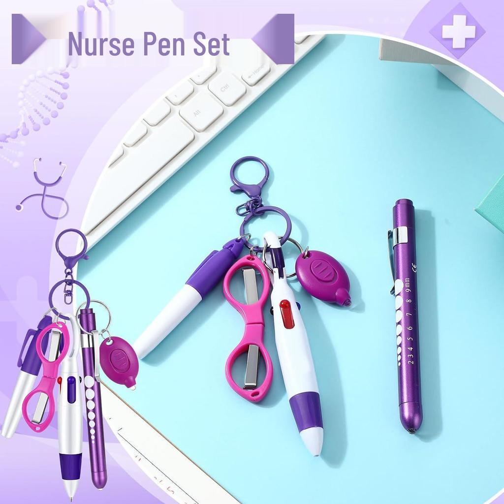 Colorful Ballpoint Pen Set: 4-Color Click Pens, Carabiner, Nurse Pen, Scissors, Penlight, Highlighter, Pocket-Sized.