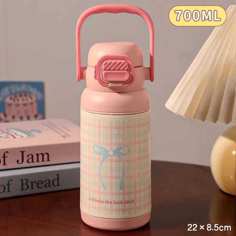 700ML Cute Bow Thermo Water Bottle For Girls Portable Handle 316 Double Drinking Outdoor Sports Straw Vacuum Thermal Bottle Gift