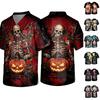 Men's Halloween Print Scrub Top Round Neck Work Uniform Shirt