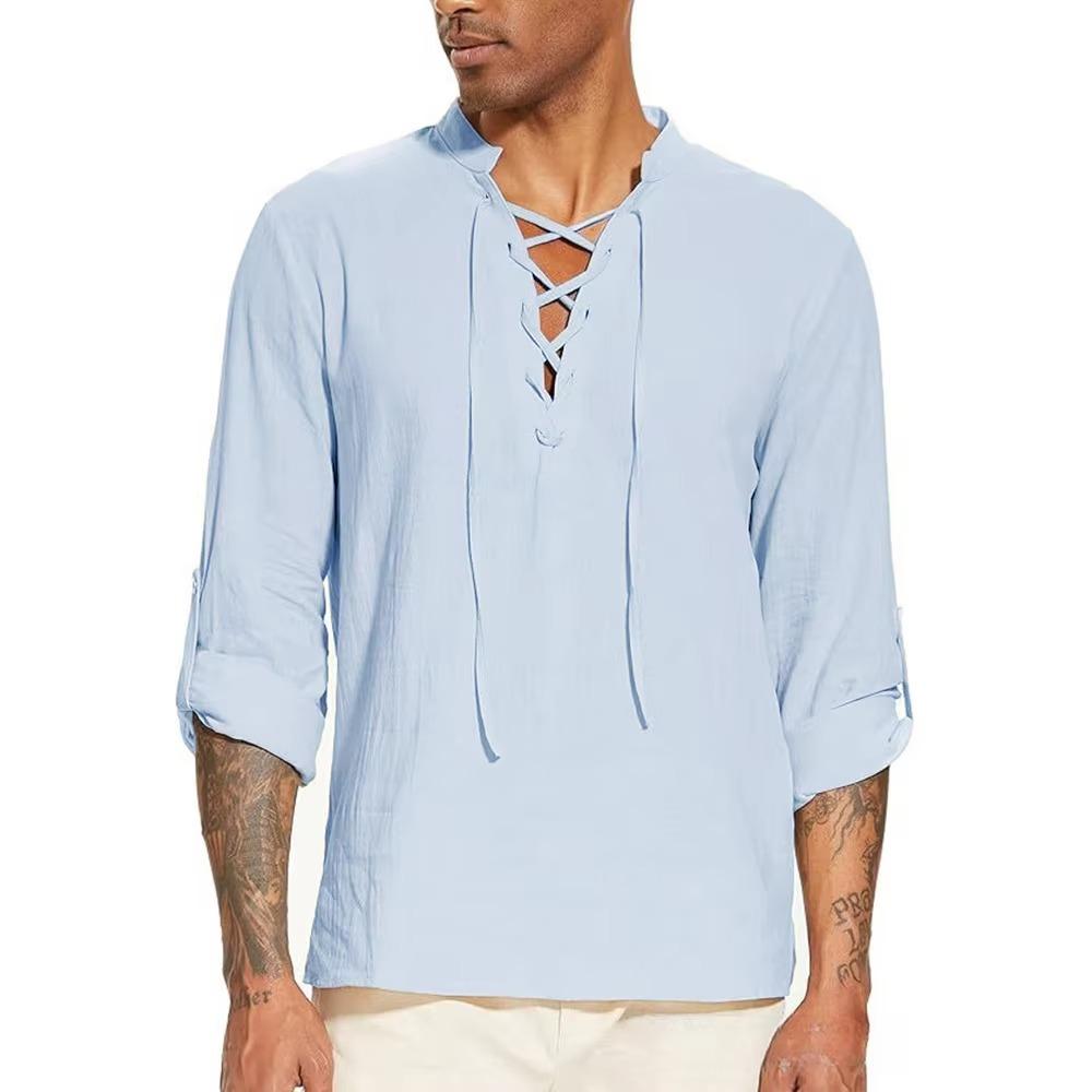 Men's Pirate Shirt Medieval Viking Henley Collar Shirts Drawstring Cotton Linen Lace Up V Neck Shirts Beach Spring Summer Tops