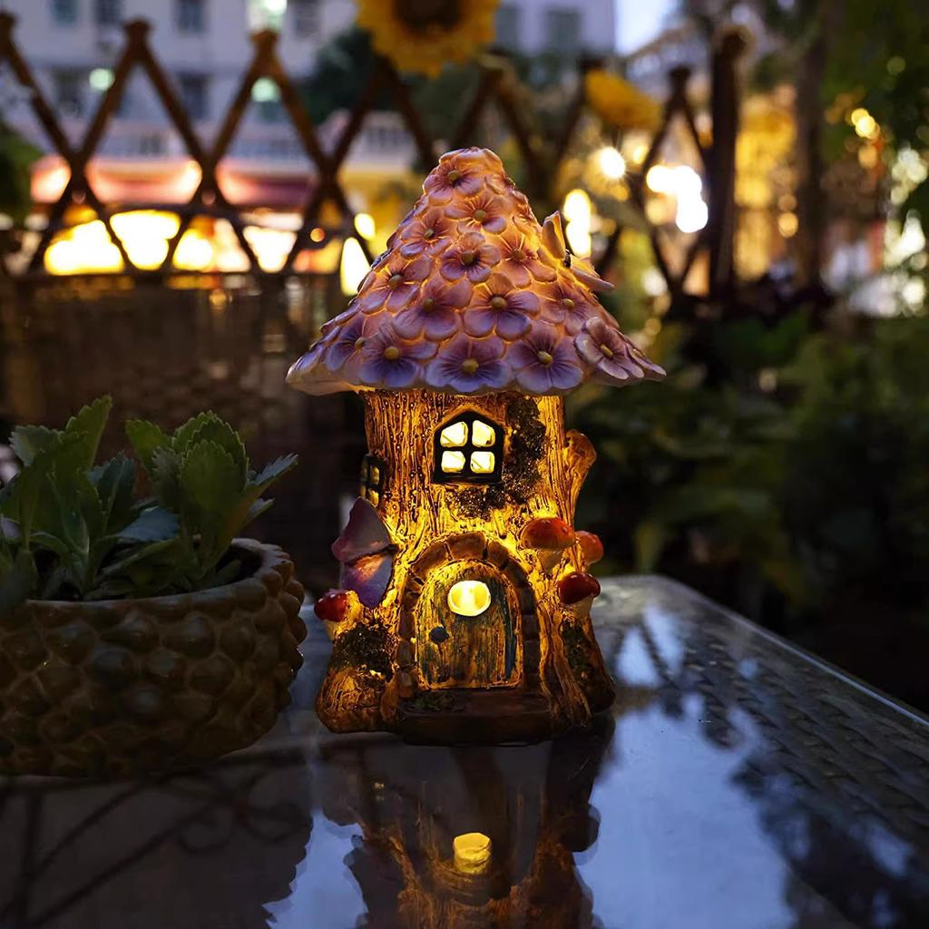 Solar Powered Lamp Statue Treehouse Small Night Light Garden Lawn Decoration Ornament Novel Design Flower Room Atmosphere Light