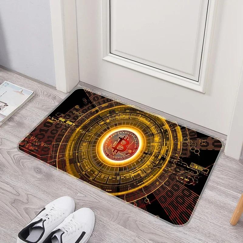 Crypto Currency Door Mat Bitcoin Pattern Tech Inspired Rug, Waterproof Non Slip Floor Protector for Home Entryway and Office