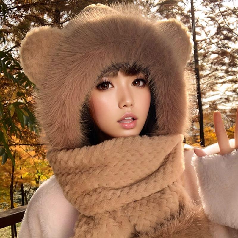 Cute Bear Hat Gloves Three In One Scarf Plush Hat for Women In Winter Riding Easy Outdoor High End Warm Hat