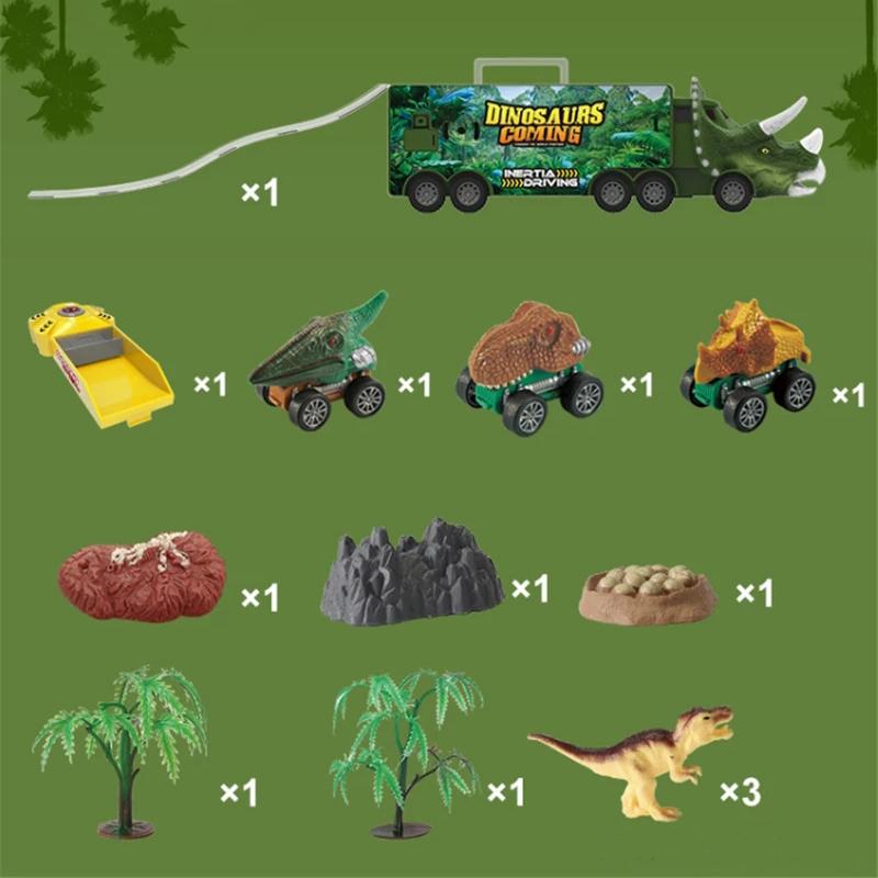 Illuminazione musicale Dinosauro Auto da trasporto Camion Tirare indietro Dino Car Veicolo Contenitore Modello di stoccaggio Giocattoli per bambini Ragazzi Regalo di compleanno per bambini