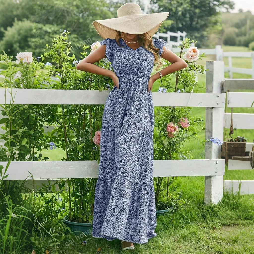 Abito da donna con scollo a V, vita alta, stampa floreale, multistrato, manica corta, casual, maxi, per l'uso quotidiano