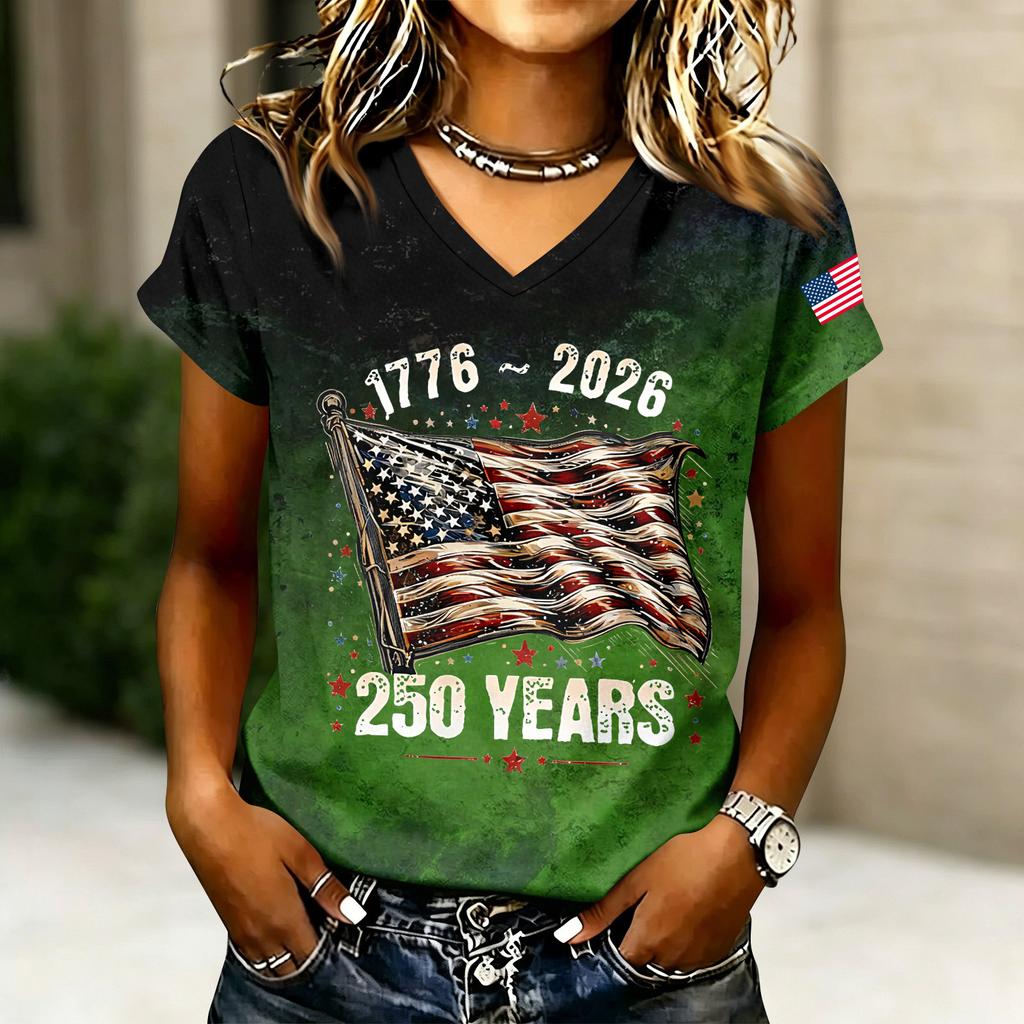 Women's Casual V Neck Short Sleeve T Shirt 250 Years Letter Print Top 1776 2026 American Flag Sleeve Detail Summer Tee