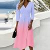 Women's Gradient Casual Fashion Midi Dress with Three Quarter Sleeves V Neck and Back Zipper Closure Suitable for Everyday Wear