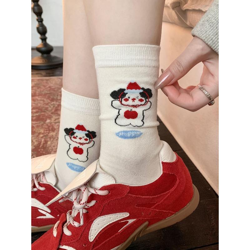Cute Cartoon Dog, Funny Socks, Women's Mid-calf Socks, Pure Cotton Striped Polka Dot Pile Socks, Long Socks