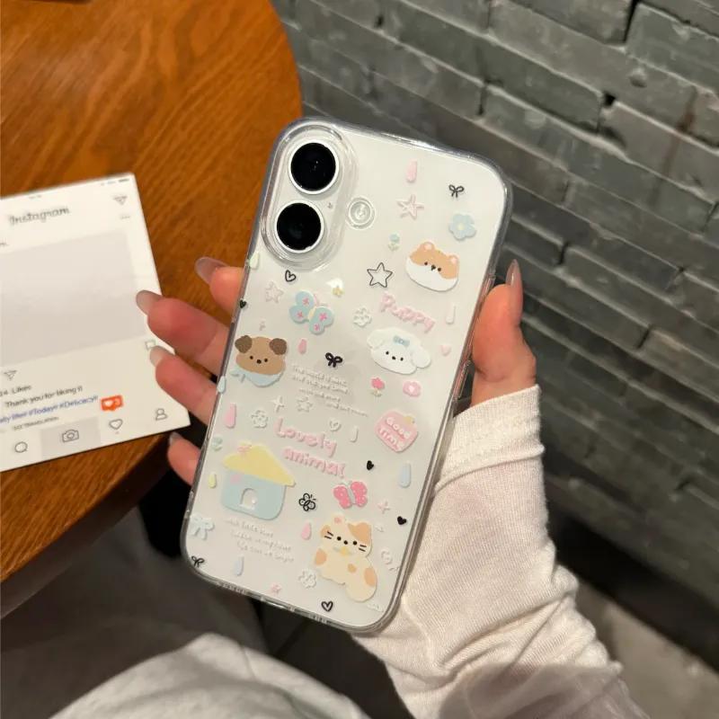 Phone Case For IPhone 17 17E 16E Air 16 15 14 13 Pro Max 12 11 Plus Y2K Kawaii Korean Cartoon Raindrop Puppy Heart Durable Cover