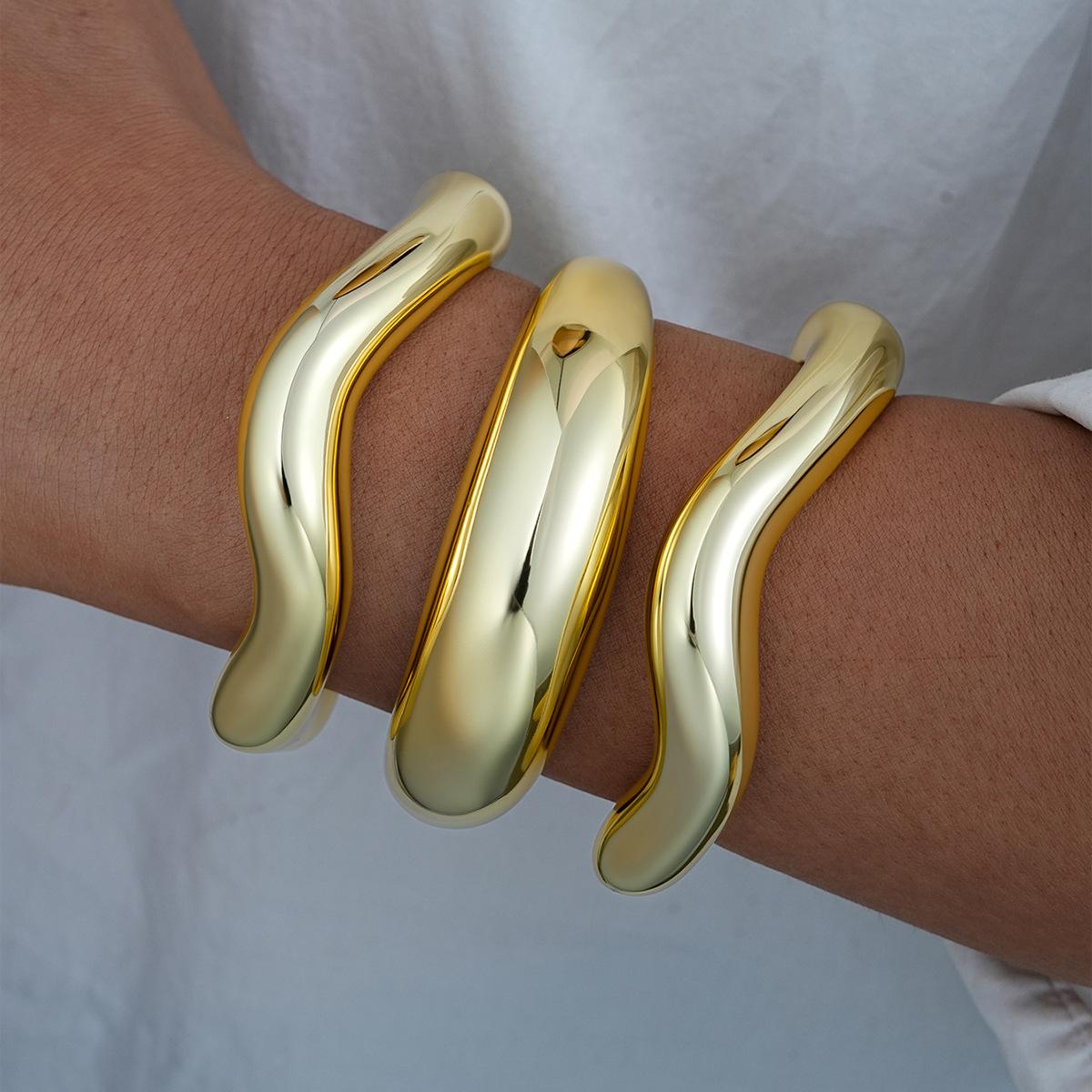 

3pcs/Set Fashion Minimalist Gold Color Geometric Wave Asymmetrical Teardrop Bangle Bracelet for Women Thick Smooth Metal Jewelry